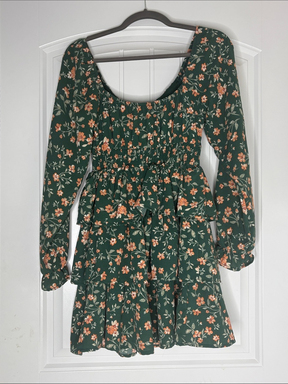 Inspired Hearts Forest Green Floral Tiered Dress with Peach Blooms - Picture 4 of 4